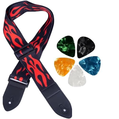 IMAGINEA Electric Guitar Strap/Belt with Leather End for Acoustic Guitar (Red Flame)