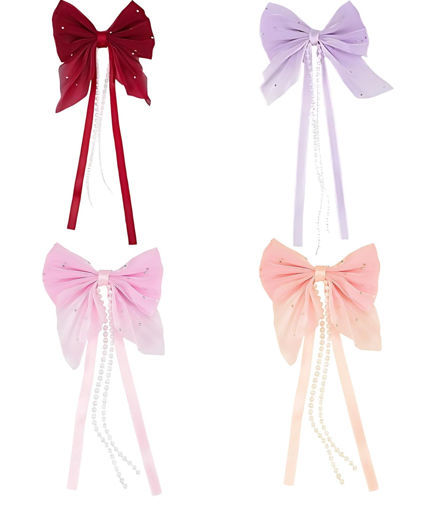 4 Pieces Hair Bow Ties for Women, Bow Hair Clips with Beaded Chain, Sheer Fabric Hair Accessories for Girls, Butterfly Hair Ribbon Clips for Daily Styling and Usually Occasions