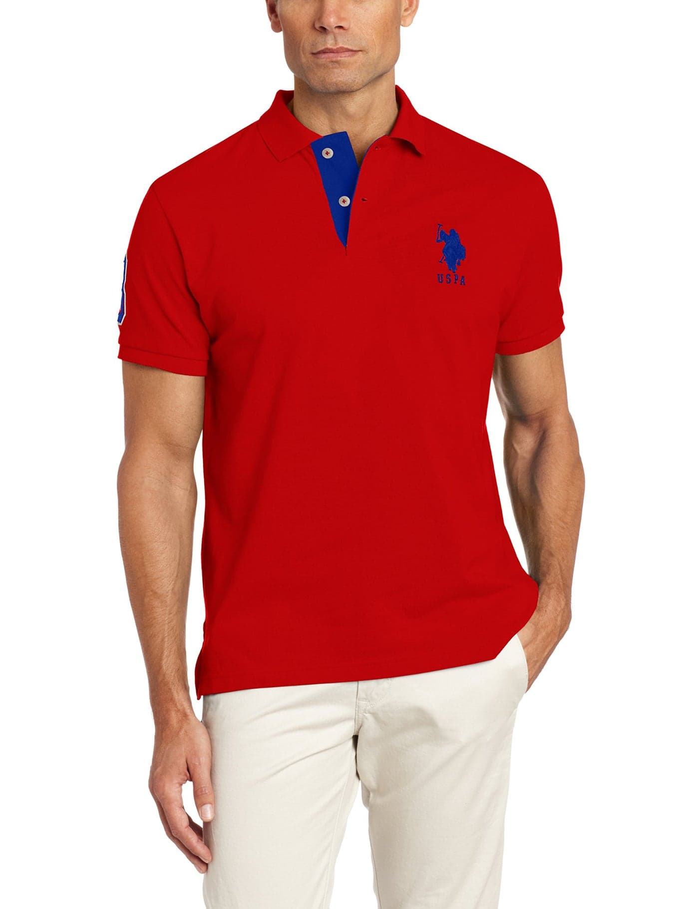 U.S. Polo Assn. Men's Short-Sleeve Polo Shirt with Applique, Casual Summer Slim Fit Polo Shirt with Contrast Color, Engine Red/International Blue, Large