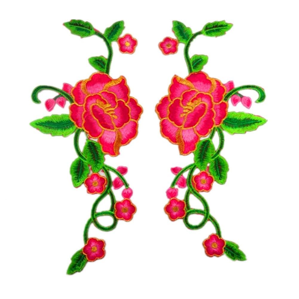1 Set Peony Rose Embroidered Flower Patches with Gold Trimming Sew Iron on Floral Applique Motif Rose