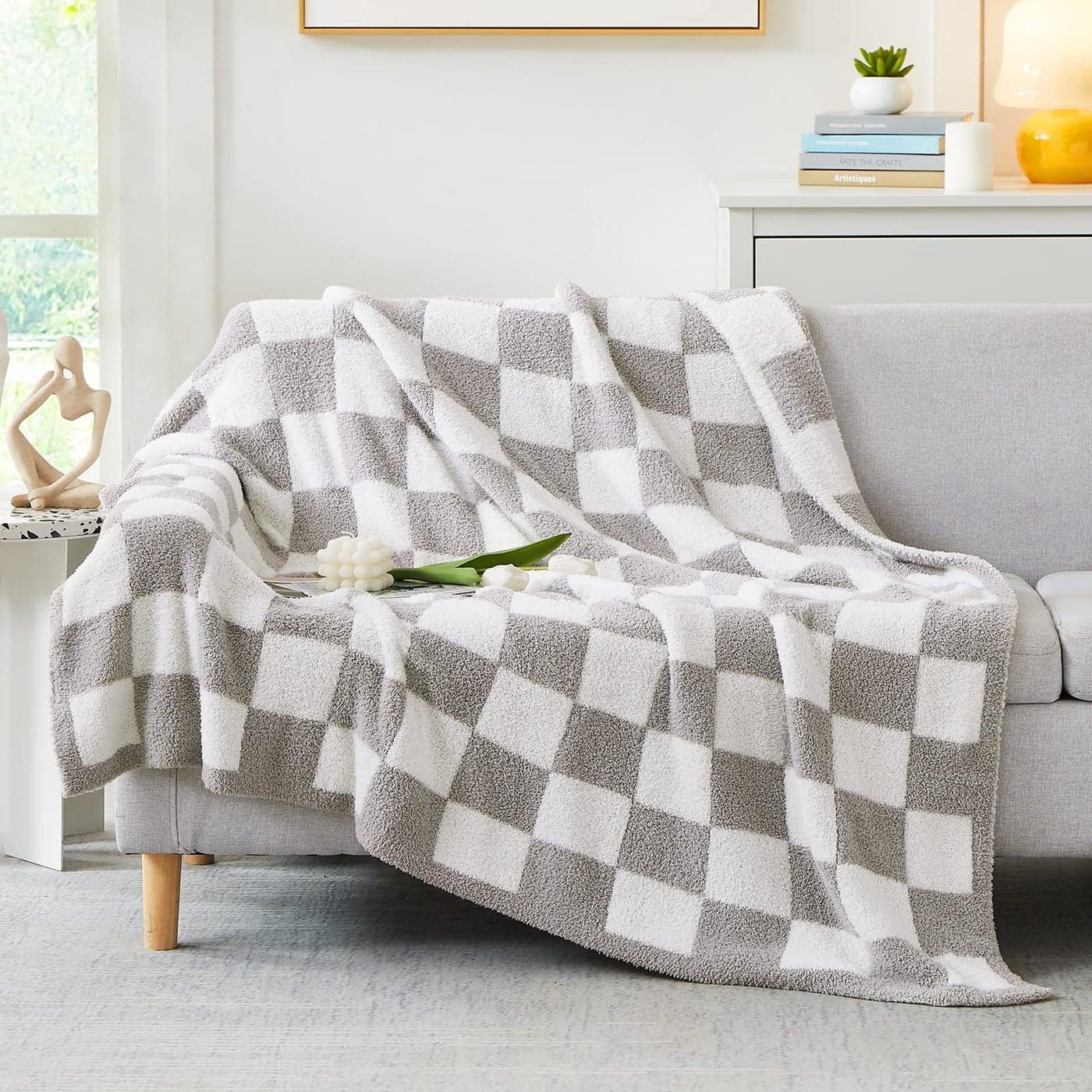 WRENSONGE Checkered Throw Blanket Light Grey Soft Cozy Fluffy Warm Hand Made Throw Blankets for Couch Sofa Chair Bed Camping Picnic Travel Lightweight Bed Blanket 60 80