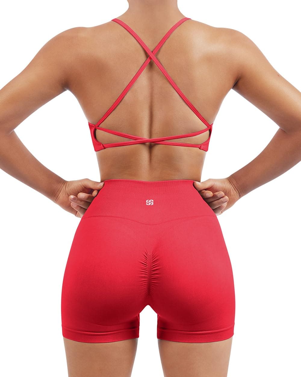 SUUKSESS Women Seamless 2 piece Workout Sets Strappy Padded Sports Bra Booty High Waisted Shorts Outfits (Red,S)