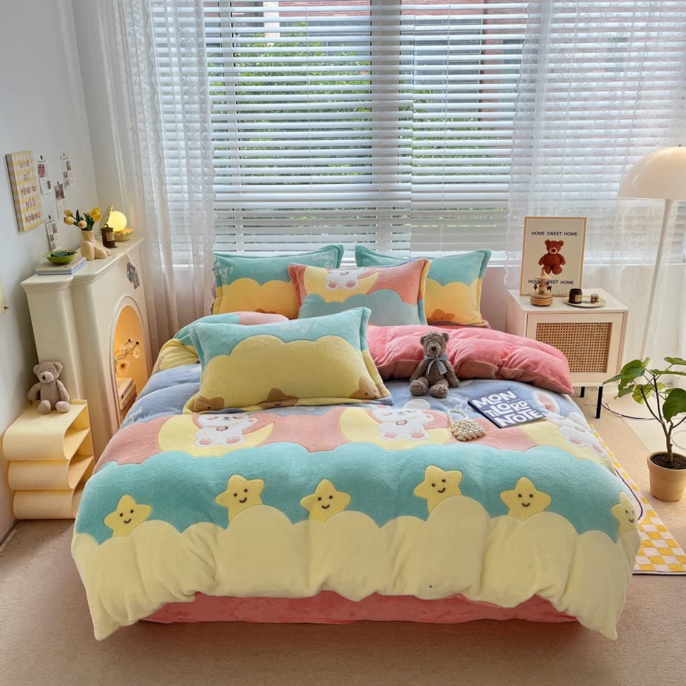 CinYana Bunny Duvet Cover Set Fluffy Duvet Cover Kawaii Cartoon Comforter Cover Moon and Star Duvet Cover Queen Bedding SetMoon BunnyQueen