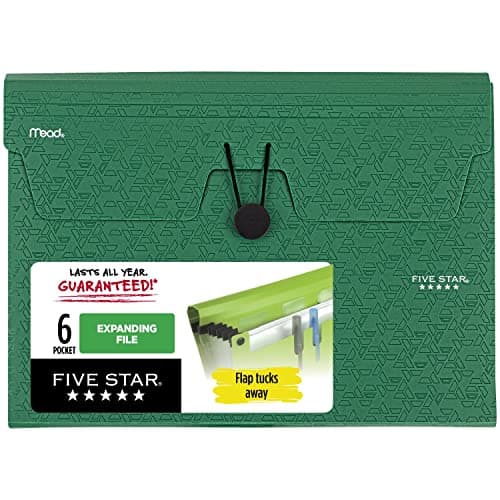 Five Star 6 Pocket Expanding File Organizer, Plastic Expandable File Folders with Pockets and Tab Inserts, Holds 11" x 8-1/2", Bungee Closure, Forest Green (72925)