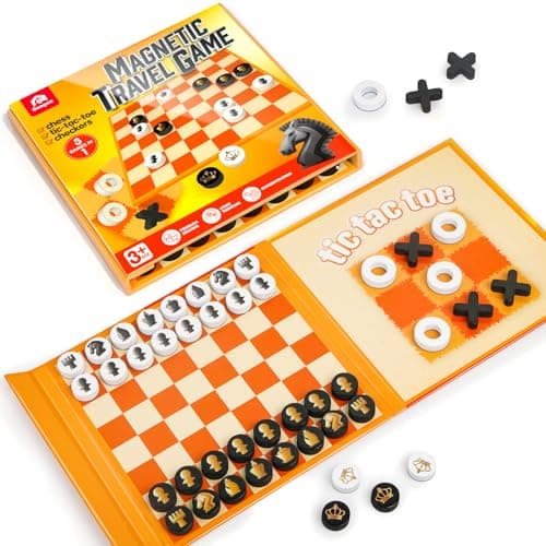 Coogam Magnetic Travel Chess Board Game 3 in 1 TicTacToe Checkers Set Indoor Outdoor Activity Travel Toy Gift for Family Friends Party Favor