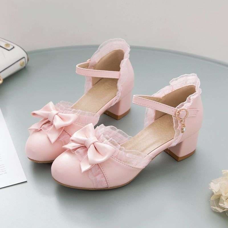 Round Toe Thick Heel Big Children'S High Heels White Sandals Princess Shoes Girls Bow Children'S Shoes Little Girls Leather Shoes