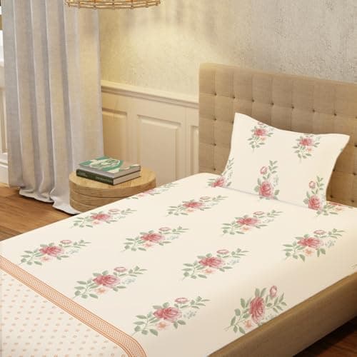 Urban Space Serene 100% Cotton Bedsheet for Single Bed, 200 TC Floral Single Bedsheet with 1 Pillow Cover (58 X 90 Inches, Vintage Rose Buttercream)