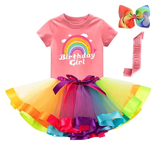K-Acc Rainbow Birthday Girl Outfit – Shirt, Tutu Skirt, Hair Bow, Satin Sash – Costume for Girls Birthday Party (8 Years, Rainbow 1)