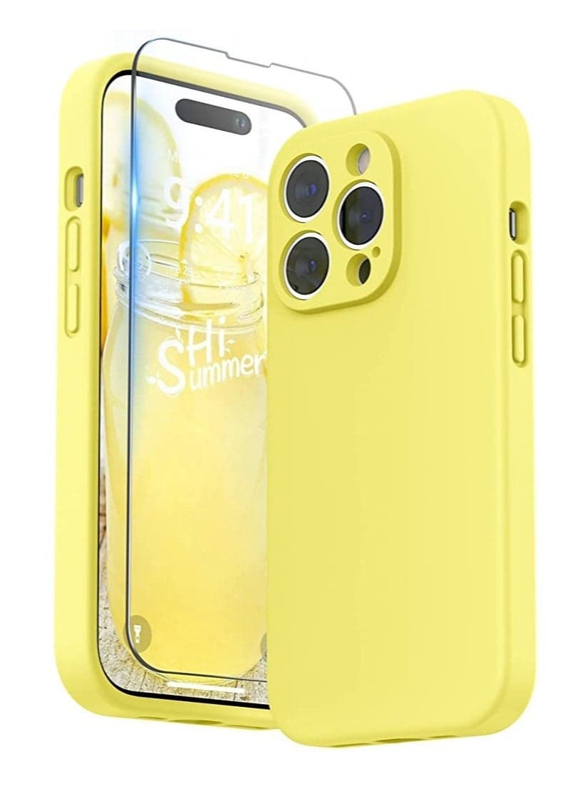 iPhone 14 Pro Max Case with Screen Protector, (with Camera Protection + Soft Microfiber Lining) Liquid Silicone Phone Case, Yellow