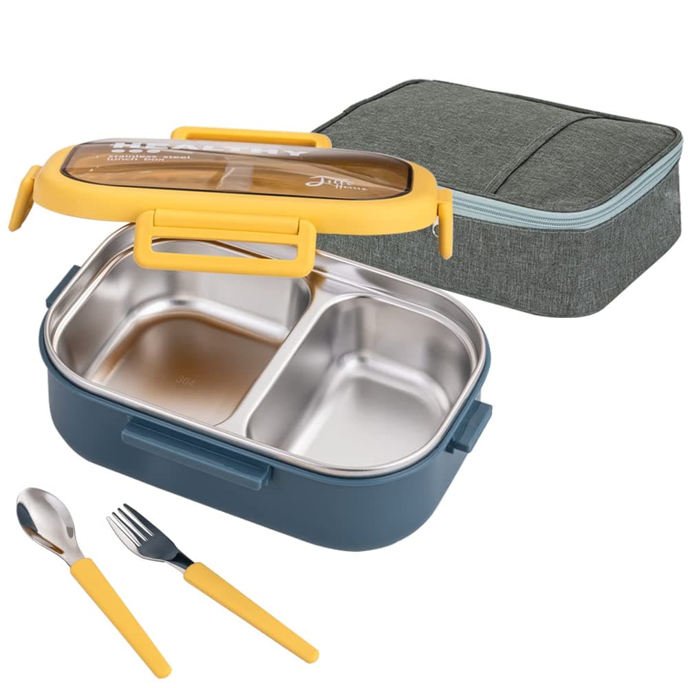 Lille Home 28oz Stainless Steel Leakproof 2Compartment Bento Lunch BoxPortion Control Food Container with Lunch Bag and Cutlery Set BPA Free Blue