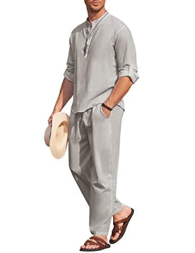 COOFANDY Mens 2 Pieces Cotton Linen Set Long Sleeve Henley Shirts Casual Beach Pants With Pockets Summer Yoga Outfits