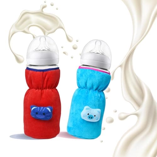 THE LITTLE LOOKERS Bottle Cover for Philips Avent/Wide Neck Feeders Soft Plush Stretchable Baby Feeding Bottle Cover with Easy to Hold Strap (Red & Blue, Wide Neck 240-330ml/8-11OZ)