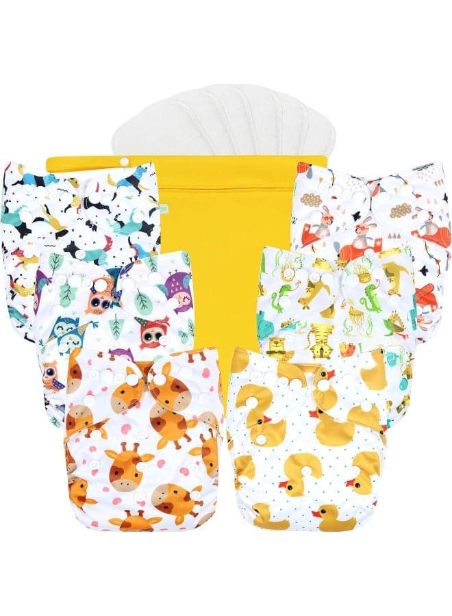 Wegreeco Washable Reusable Baby Cloth Pocket Diapers 6 Pack + 6 Rayon Made from Bamboo Inserts (with 1 Wet Bag, Bright Animals)