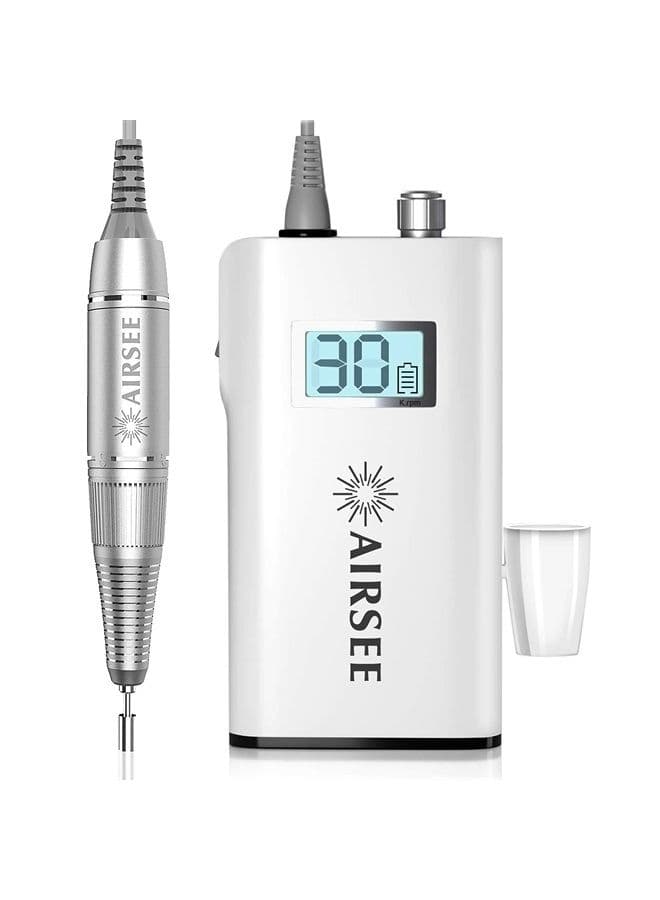 Rechargeable 30000RPM Electric Nail Drill Professional Portable E File Machine for Acrylic Nails Natural Extension Gel Nails Polish Cuticle, Cordless High Speed for Salon Use or Home DIY White