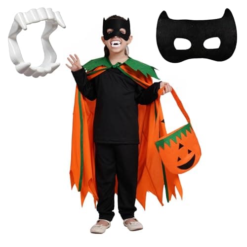 Kaku Fancy Dresses Polyester Pumpkin Robe Cape With Black Eyepatch & Devil Teeth For Halloween Costume For Kids - 7-8 Years