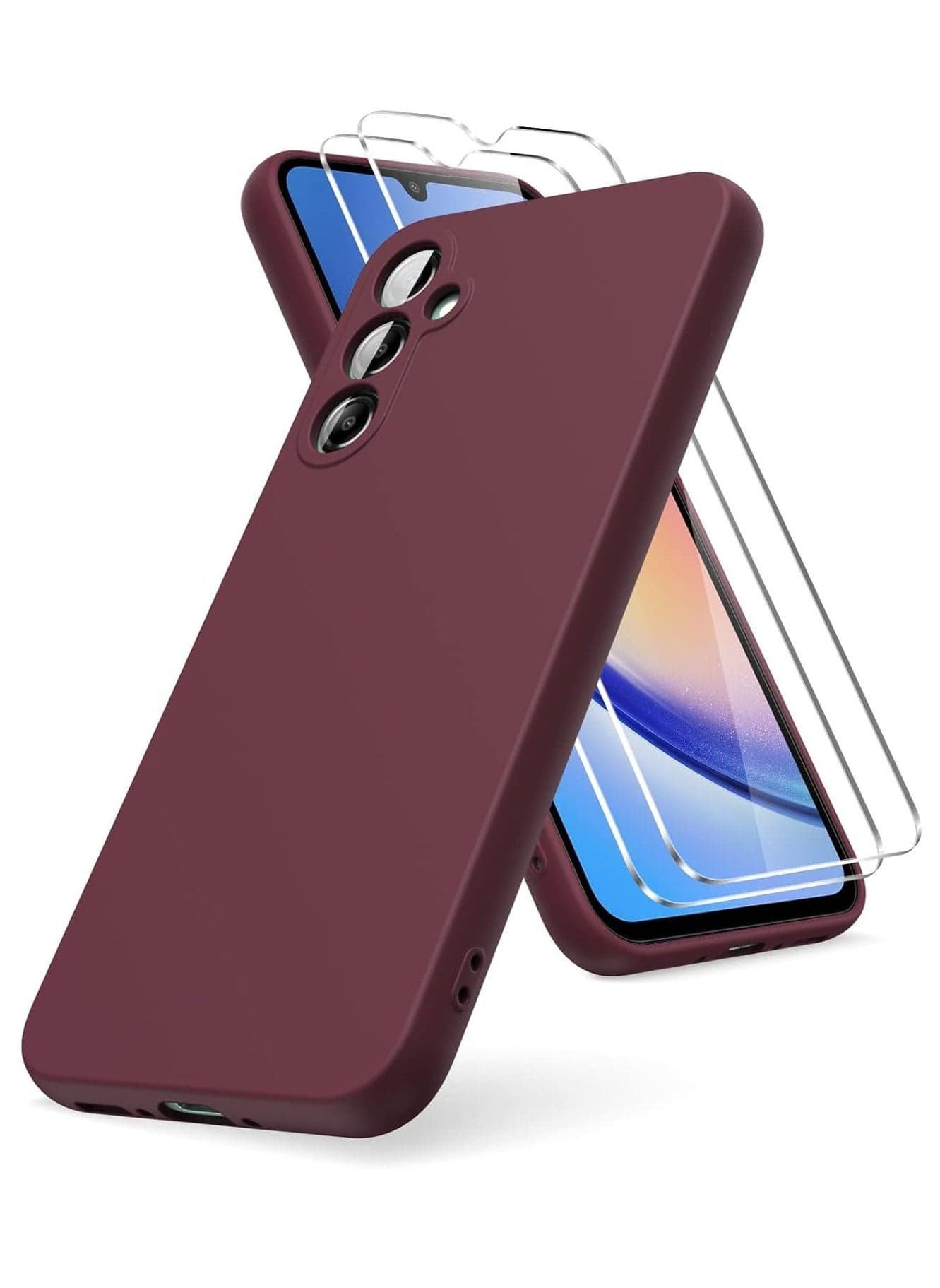 Maroon Soft TPU Liquid Silicone Case for Samsung Galaxy A54 5G with Shockproof Rubber & 2 Tempered Glass Protectors