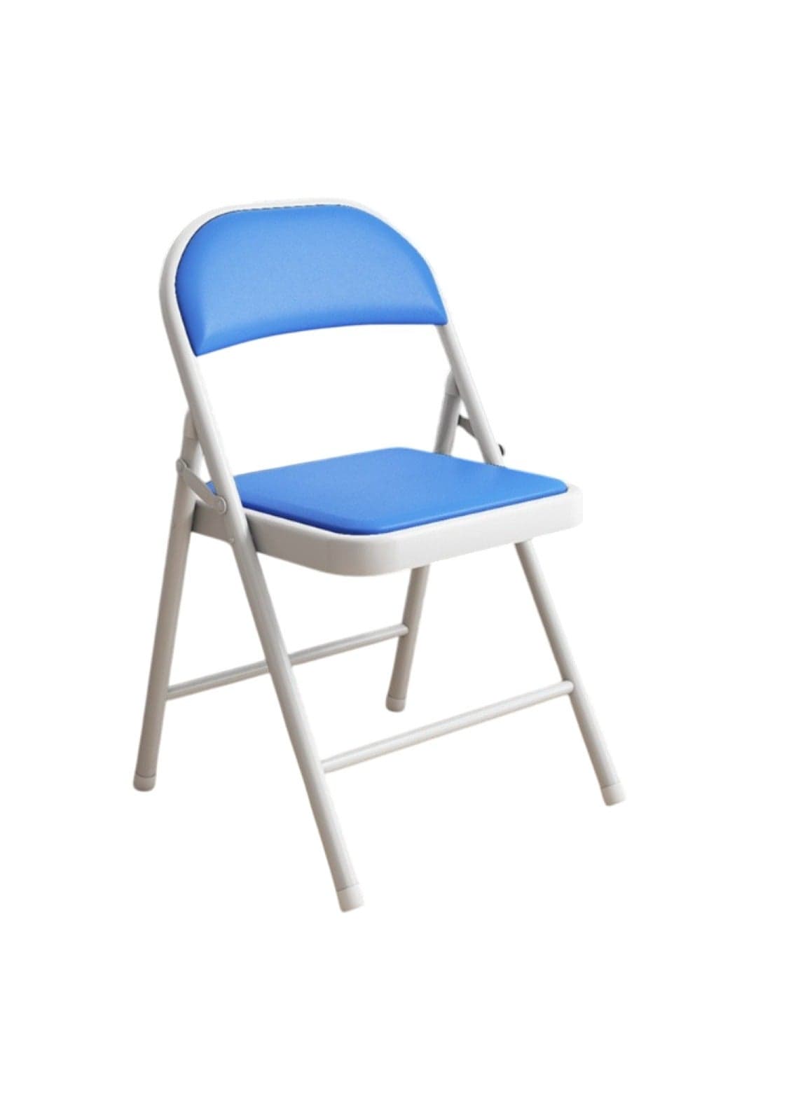 White-Leg Folding Chair with Blue Leather Seat and Backrest 78cm Height, 42cm Depth, 40cm Width