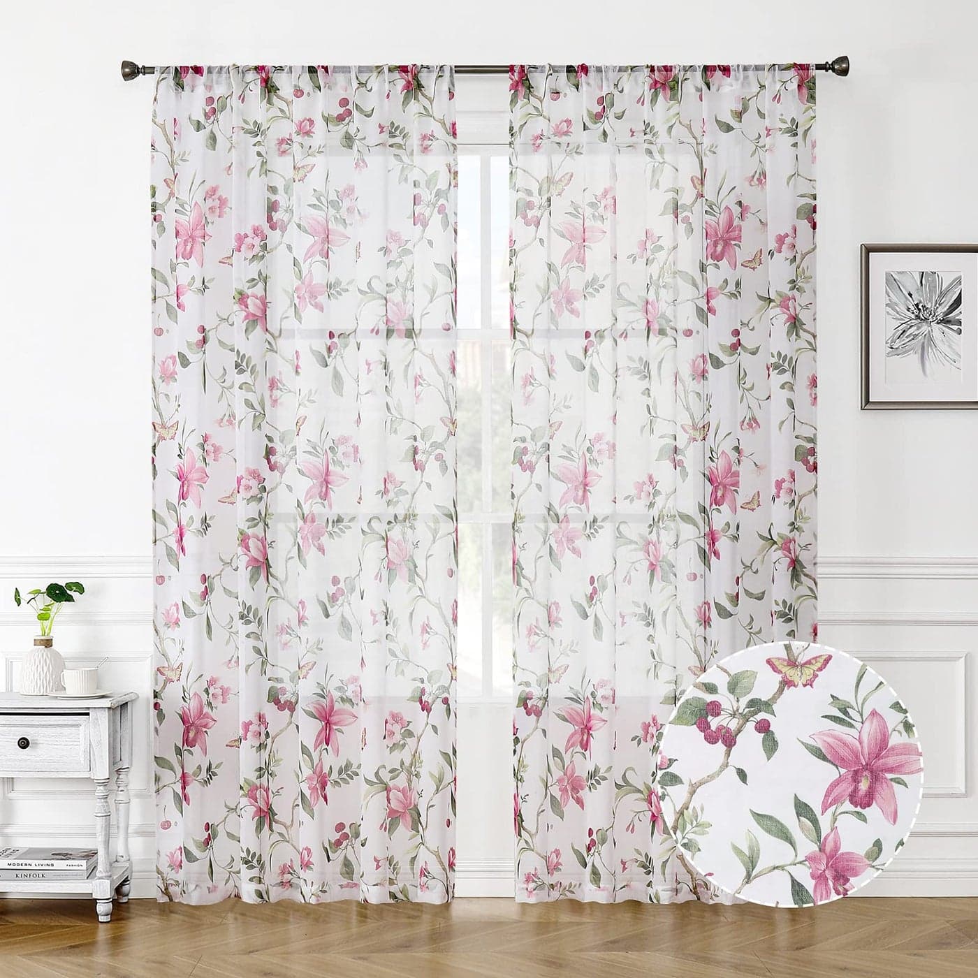 Tollpiz Floral Sheer Curtains Pink Cherry Flower Butterfly Print Bedroom Curtain Rod Pocket Voile Linen Look White Sheer Curtains for Living Room 54 x 72 inches Long Set of 2 Panels
