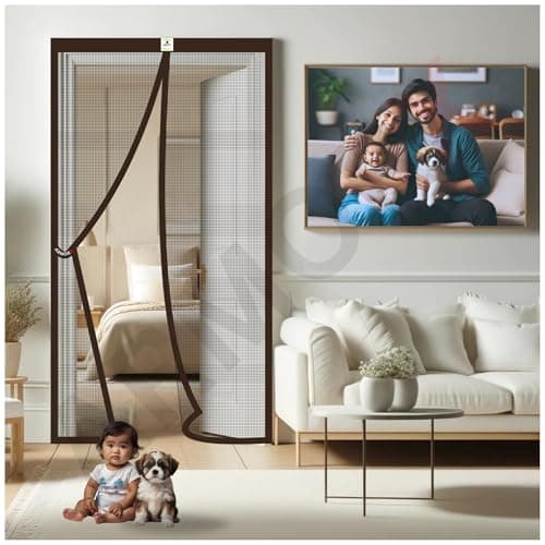 ARMORX High Tensile Polyester Magnetic Door Mosquito Net, Self Closing Magnets with Buckle Strap, Protection from Insects, Pets & Kids Friendly - BROWN-200cm x 100cm