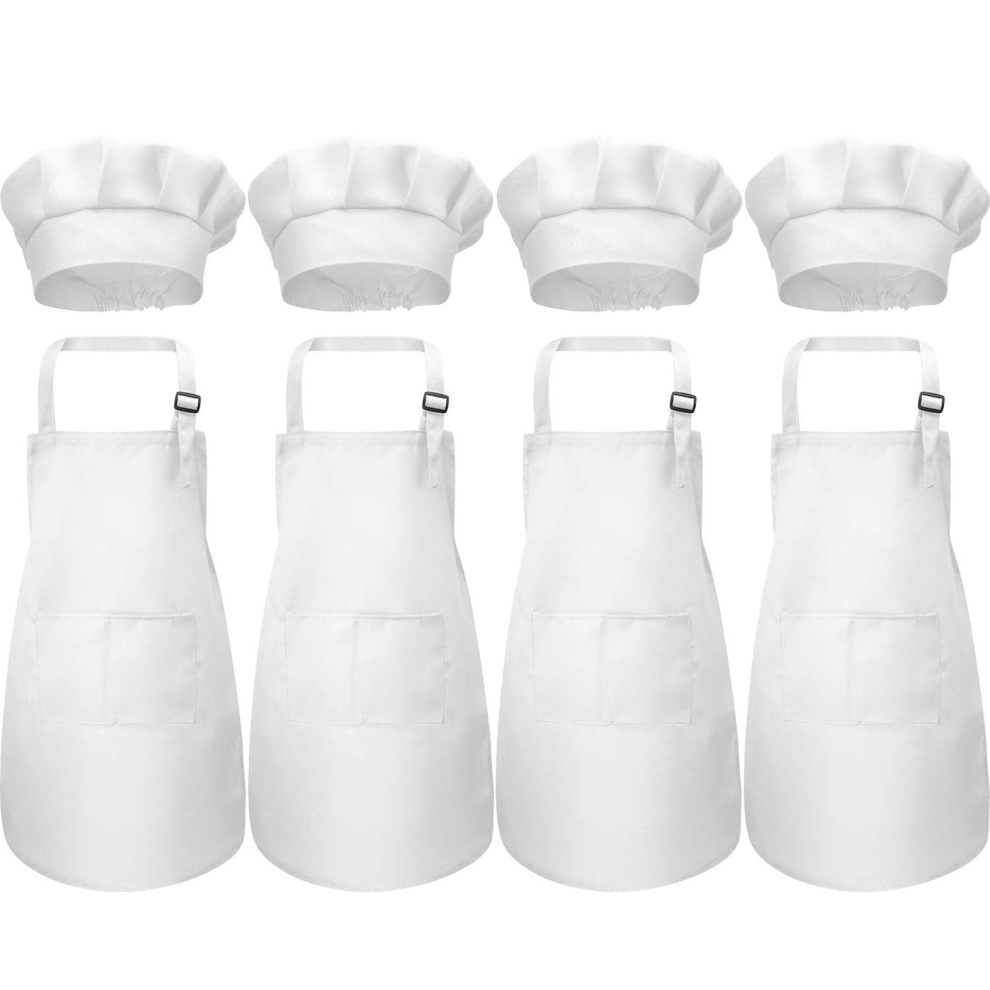 CHENGU 8 Pieces Kids Apron and Chef Hat Set Adjustable Child Aprons with 2 Pockets Kitchen Bib for Cooking Baking WhiteMedium