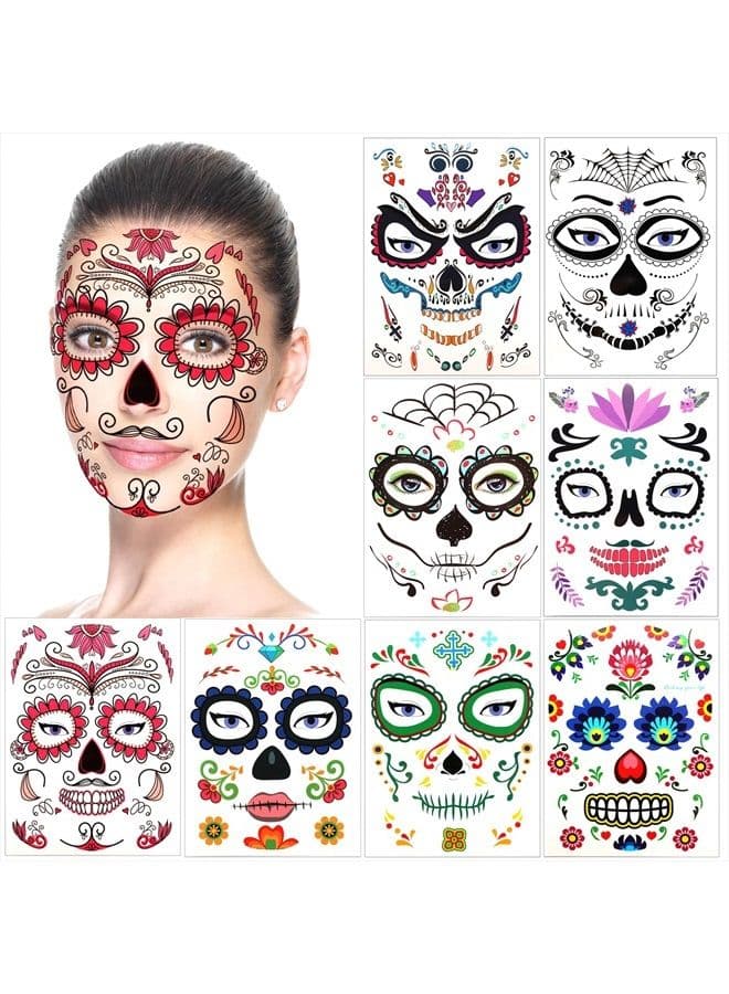 Halloween Temporary Face Tattoos (8Pack), Konsait Day of the Dead Sugar Skull Floral Black Skeleton Web Red Roses Full Face Mask Tattoo for Women Men Adult Kids Boys Halloween Party Favor Supplies