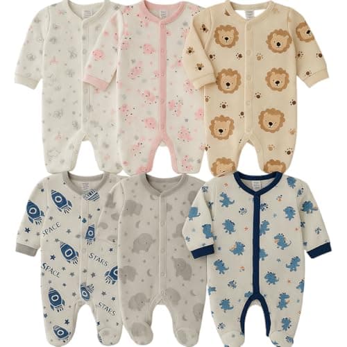 DAADUN Baby Footed Sleepsuits Rompers Jumpsuits Night Suits for Newborn Baby Boys & Girls | Cotton Rompers with Animal Prints |Long Sleeve Bodysuits Newborn to12 Months (Pack of 3, 9-12 Months)