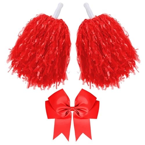 Hotop 3 Pcs 10 in Cheerleading Pom Poms and Large Cheerleader Hair Bow Cheer Pompoms Cheerleading Accessories for Sport Events Dance Party Basketball Football TeamRedClassic