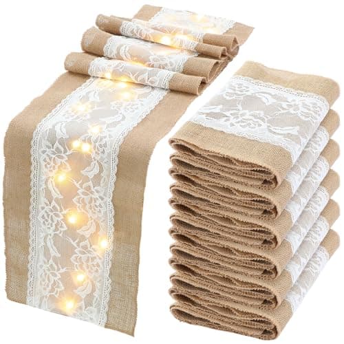Xinnun 6 Pack Burlap Table Runner with LED String Lights, Modern Rustic Lace Natural Vintage Boho Jute Wedding Table Decor for Farmhouse Thanksgiving Christmas(Christmas Trim,12x70 Inches)