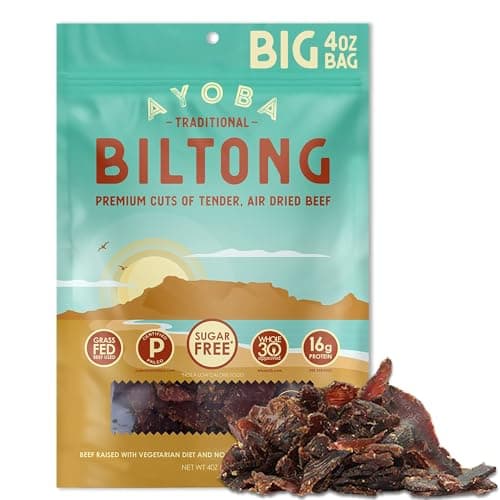 Ayoba Traditional Grass Fed Beef Biltong Slices (4 Ounce, Pack of 1) - Keto Friendly Air-Dried Grass Fed Beef Paleo Snacks - Gluten Free, Whole 30 Approved, Sugar free, No Carb Meat Snacks