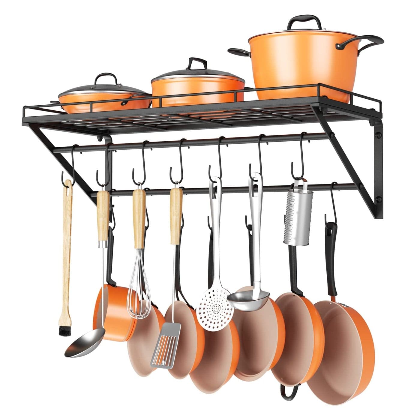 OROPY 31 Inch Wall Mounted Pot Rack Storage Shelf with 2 Tier Hanging Rails 14 S Hooks included Ideal for Pans Utensils Cookware Black