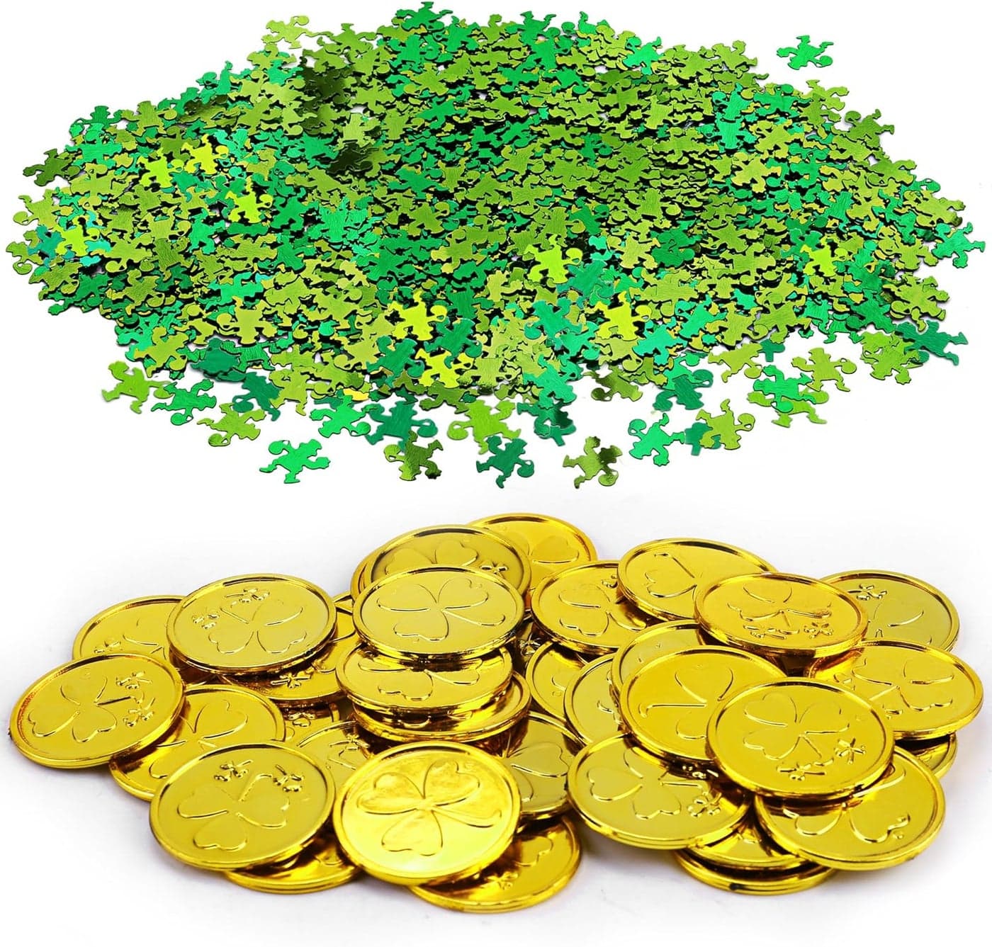 Konsait St Patricks Day Decorations StPatrick Shamrocks and Leprechauns Foil Table Confetti About 400Pcs Lucky Shamrock Plastic Coins 40Pkg for Saint Patrick Party Decoration Favors Supplies