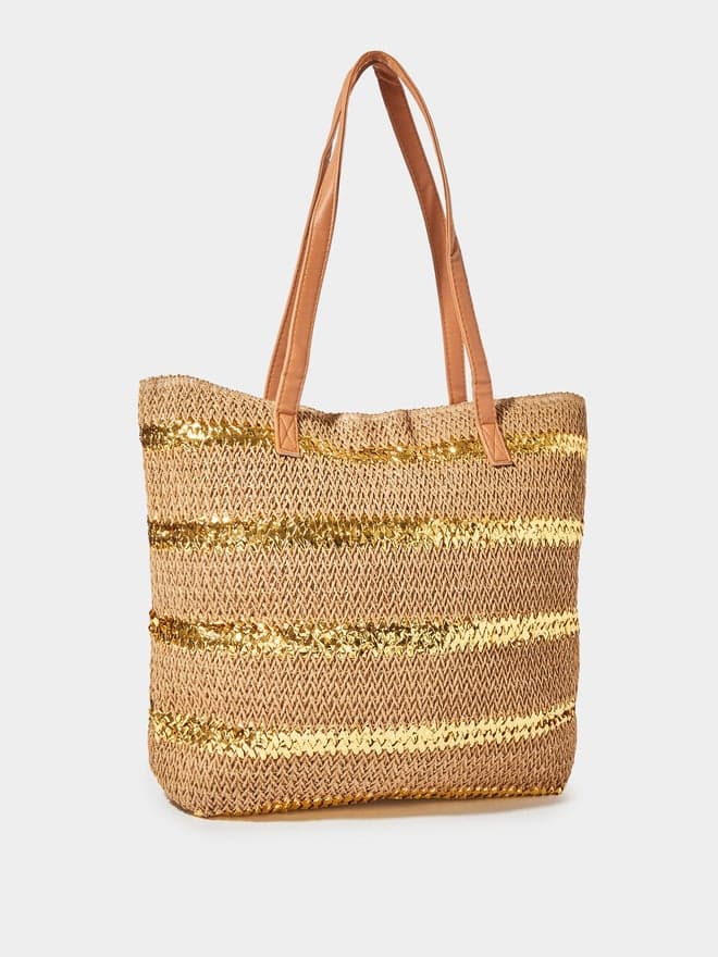 Styli Brown Patterned Striped Tote Bag