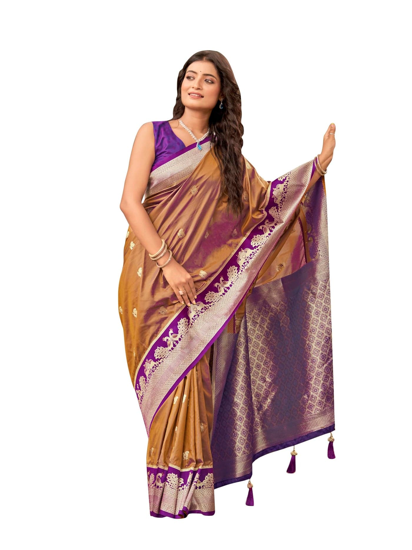 MANOHARI Women's Most Trendy Banarasi Satin Silk Woven Orange Brown Animal Design Pattern Pattern Saree With Heavy Jacquard Work Saree With Blouse Piece_MN2039