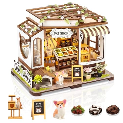 DIY Miniature House Kit,Pet Shop Dollhouse Miniature Kit with LED & Furniture,Mini Diorama House Building Kit for Adults Teens,3D Wooden Crafts Tiny House Mini Model Kit,Home Decor Birthday Gifts