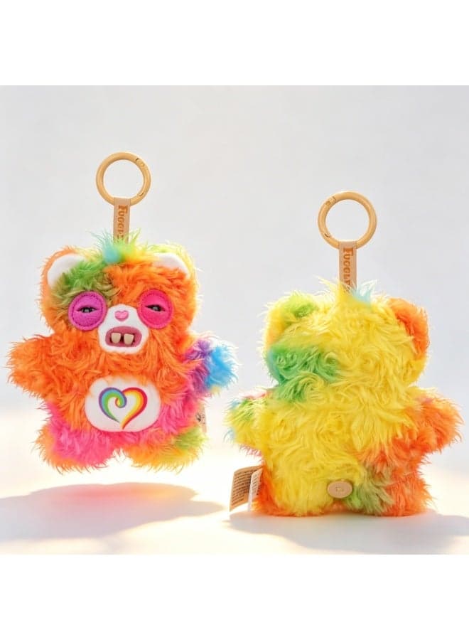 Fuggler x Care Bears Togetherness Bear Plush Keychain - Quirky, Ugly-cute Rainbow Bear Pendant with Teeth - Bag Charm Keychain