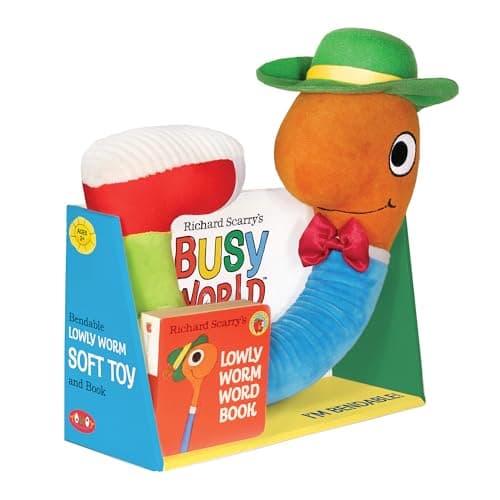 YOTTOY Richard Scarry Collection Lowly Worm Bendable Soft Plush Toy with Board Book 2 in 1 Set
