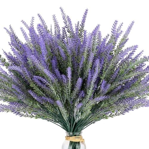 AWARDSEN Artificial Flowers for Outdoors UV Resistant 15 Bundles Fake Flowers Faux Plastic Plants Purple Lavender for Home Office Wedding Garden Porch Window Box Decor