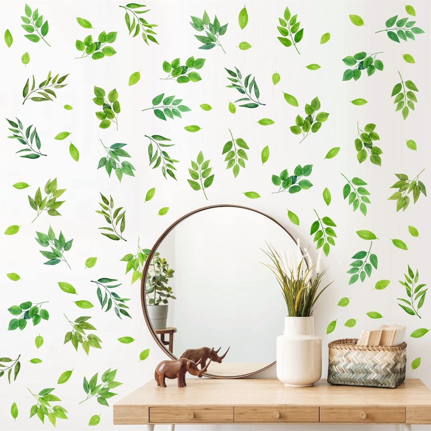 Green Leaves Wall Decals Peel and Stick Tree Botanical Plant Stickers Removable Fresh Watercolor Leaf Decor for Nursery Bedroom