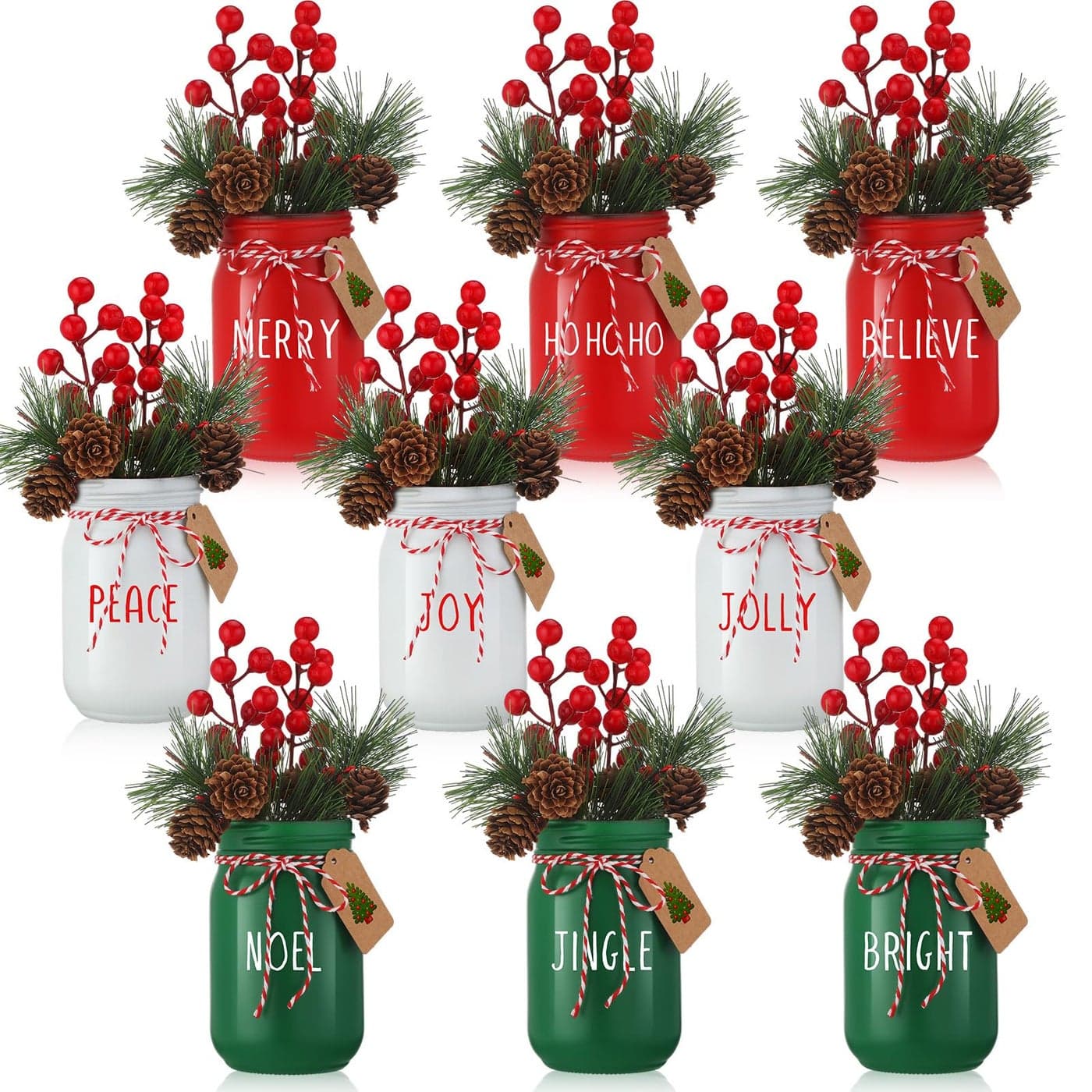 Beeveer Set of 9 Christmas Mason Jar Table Centerpiece Decor 13 oz Glass Christmas Mason Jar Artificial Pine Cone Berry Faux Plants with Sticker for DIY Dining Kitchen Tiered Tray Decoration