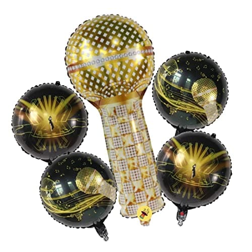 Atpata Funky 30-Inch Golden Mic Foil Balloons (Set of 5) for KPop Singing Competition, Karaoke Night, Antakshari Party, Rockstar Theme Decorations, Music Party Props, Reusable Helium & Air Balloons