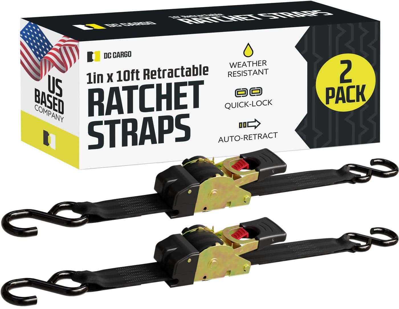 DC Cargo Mall Retractable Ratchet Straps, 2 Pack (1 inch x 10 feet) - Heavy Duty Tie Down Seadoo Accessories Self Contained - Black Ratchet Strap Tie Downs for Trailers, Vehicles, Boat