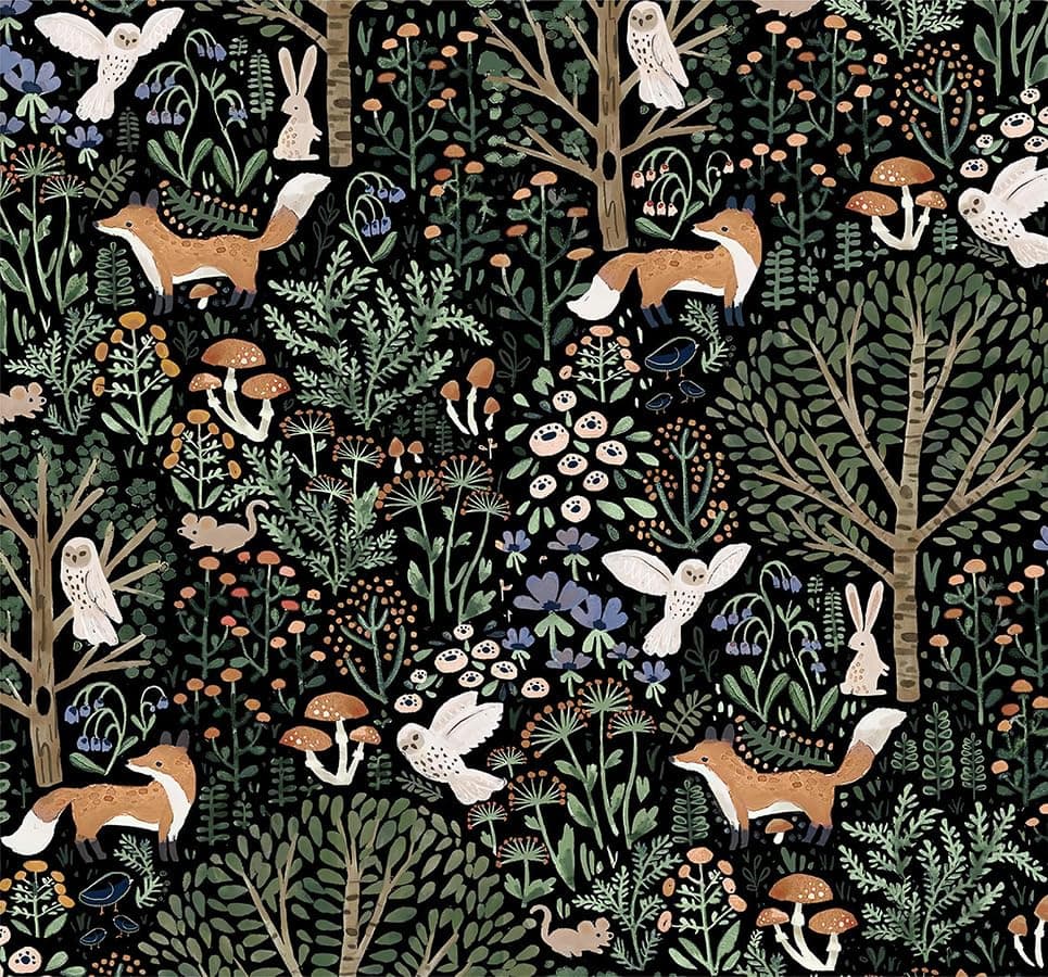 Vintage Dark Black Fairy Forest Animals Mushroom Fox Owl Peel and Stick Wallpaper Self Adhesive Removable Easy Peel Off Stick on Wall Paper for Bedroom Cabinet Renter Friendly