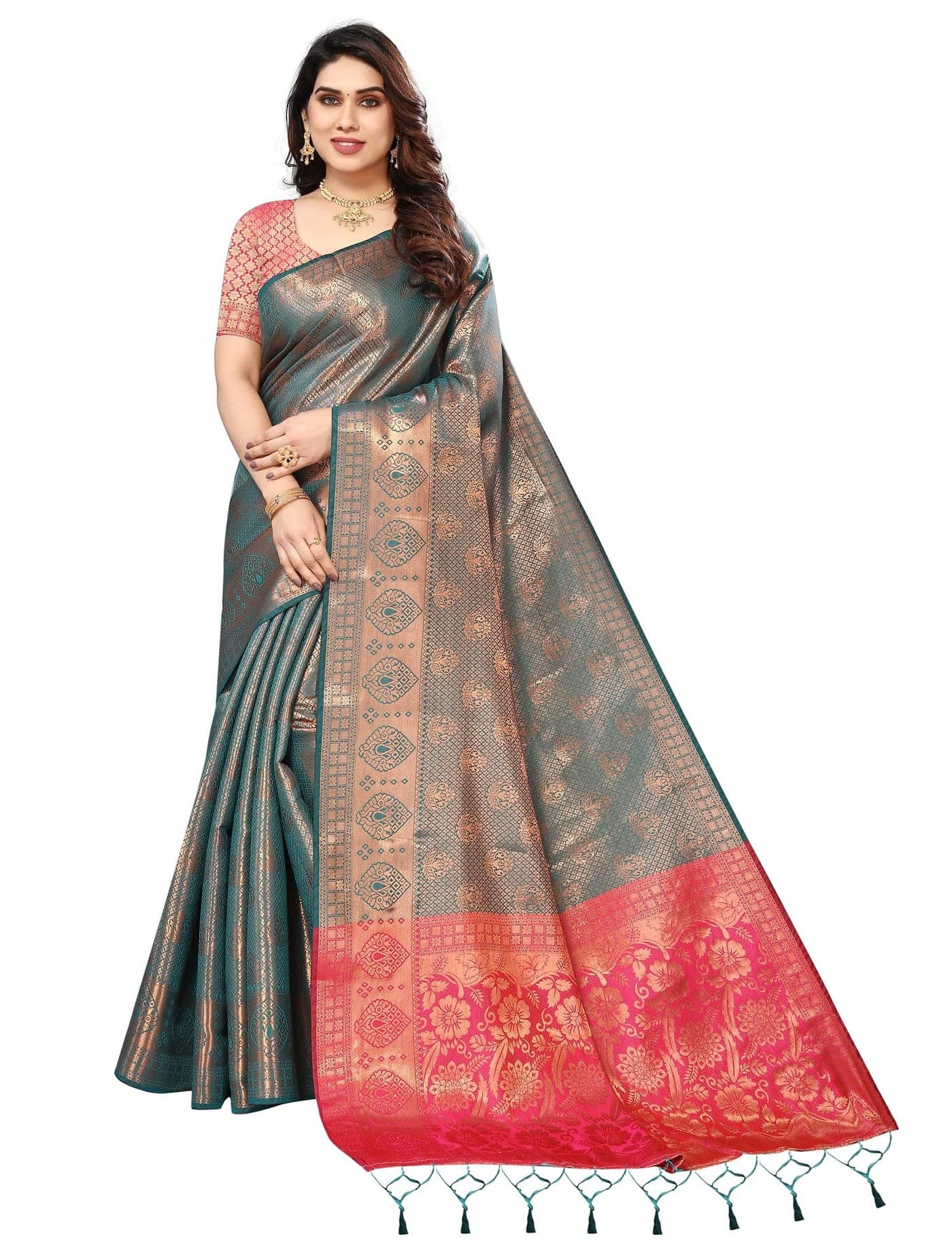 iZibra Silk Saree For Women Wear Kanjivaram Fabric Soft Kanchipuram Pattu Banarasi Sari Original Pure Wedding Sadi Sari With Unstitched Blouse Piece Ladies 2023 (Raama), Green