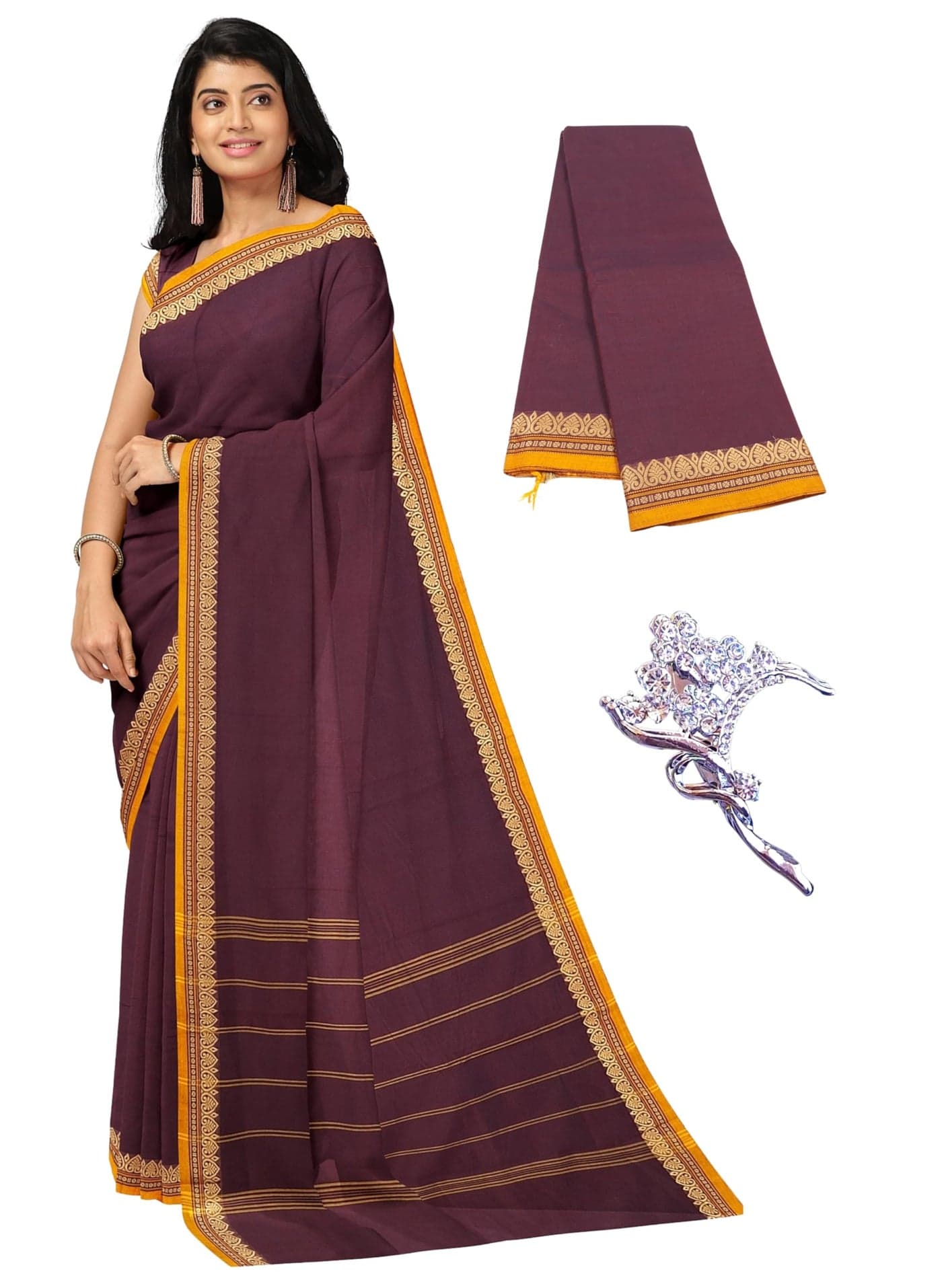 NandaVanam Women's Chettinad Cotton Sarees | Handloom Saree with Blouse | Pure Cotton Sarees for Women Daily use and All Occasion Wear| Soft, Comfort Cotton Saree (Brown)