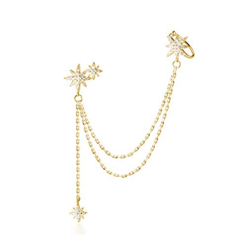 SLUYNZ 925 Sterling Silver Fashion Star Cuff Earring Chain for Women Star Crawler Earring Wrap Earrings (One Earring(Left)-B-18K Gold Plated)