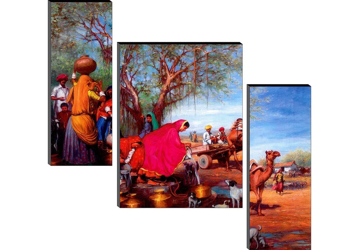 SAF paintings 6MM Rajasthani Village Set of 3 Panel Painting(SANFJM1286) SAFJM1286
