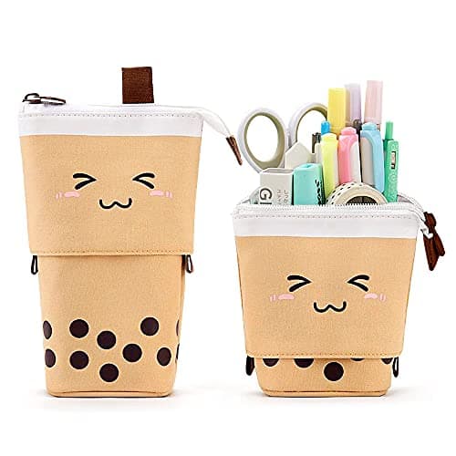 Cute Standing Pencil Case Pen Holder for Kids, Pop Up Stand UP Bubble Tea Pen Organizer Kawaii Stationary for Christmas Holiday New Year Office (Brown)
