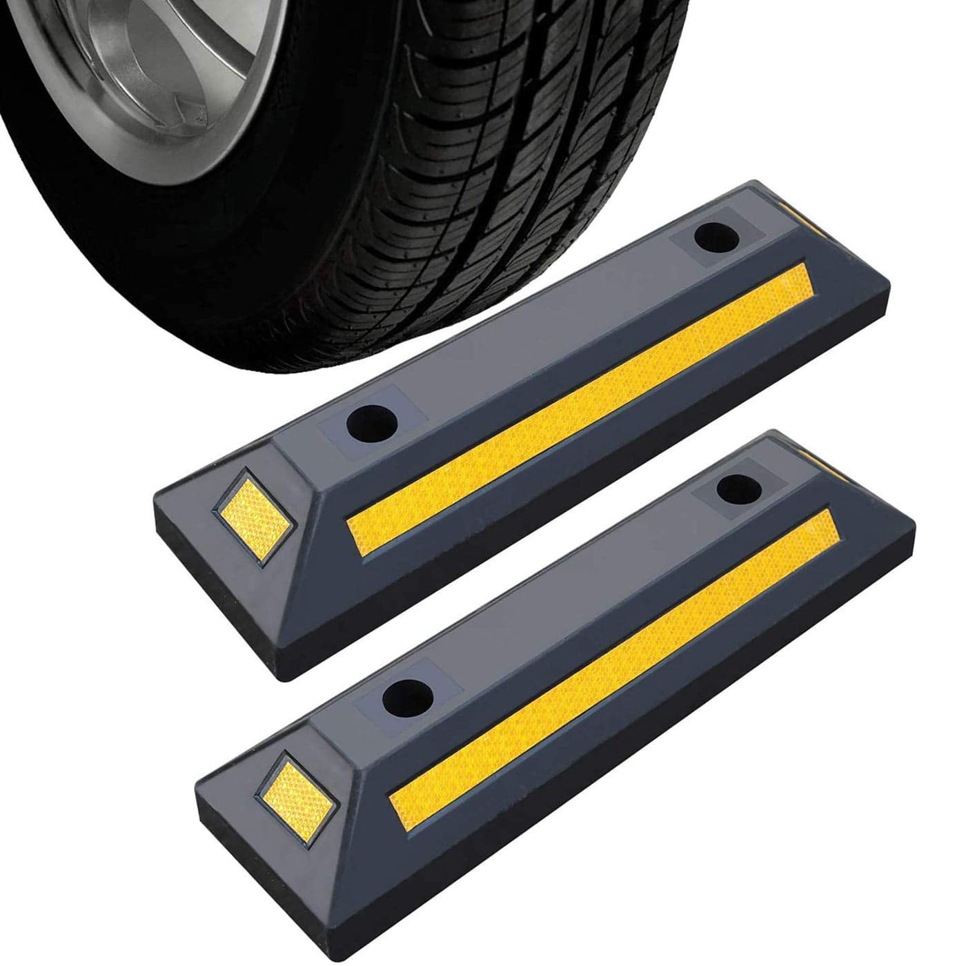 2 Pack Rubber Parking Guide Blocks Heavy Duty Wheel Stop Stoppers for Car Garage Parks Professional Grade Parking Rubber Curb wYellow Refective Stripes for Truck RV Trailer 2125Lx57Wx354H