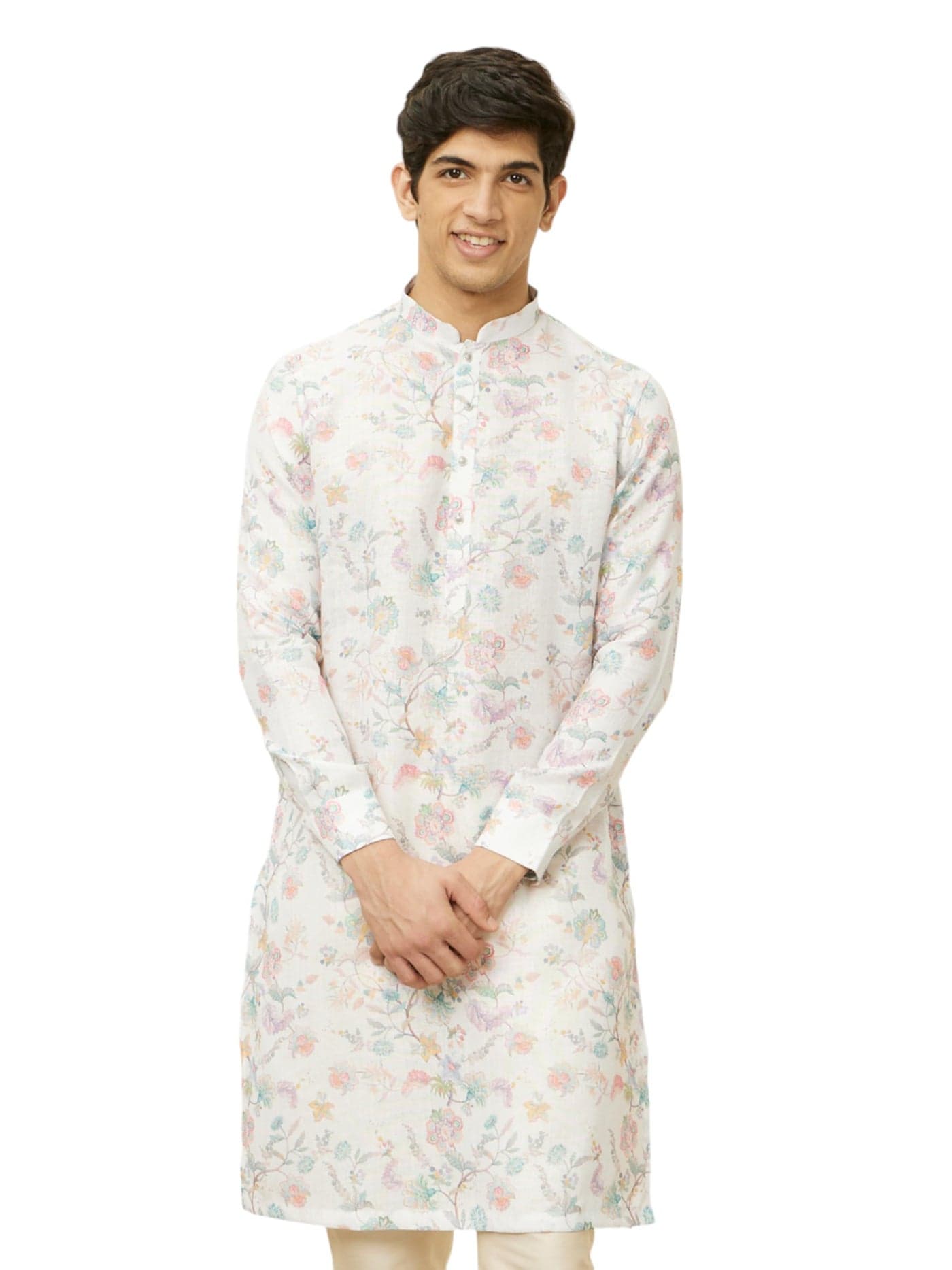 Manyavar Men's Delicate White Bel Buti Printed Kurta (XL)