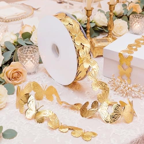 Suncalla 20 Yards Gold Butterfly Ribbon Artificial 3D Butterfly Wrapping Trim Glossy Elegant Baby Hair Band Ribbon for Gift Wrapping DIY Crafts Party Wedding Baby Shower Garland Home Decor